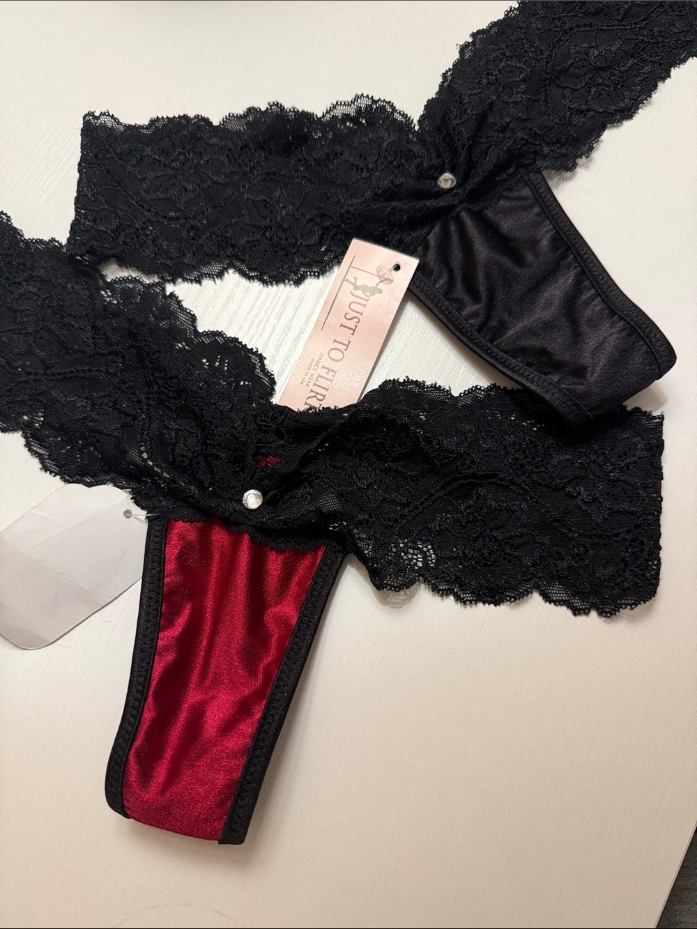 Just to Flirt Black Lace & Maroon Satin Thong